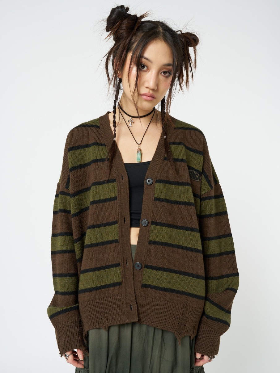 Minga London Neesa Brown & Green Stripe Knit Cardigan | Knitwear