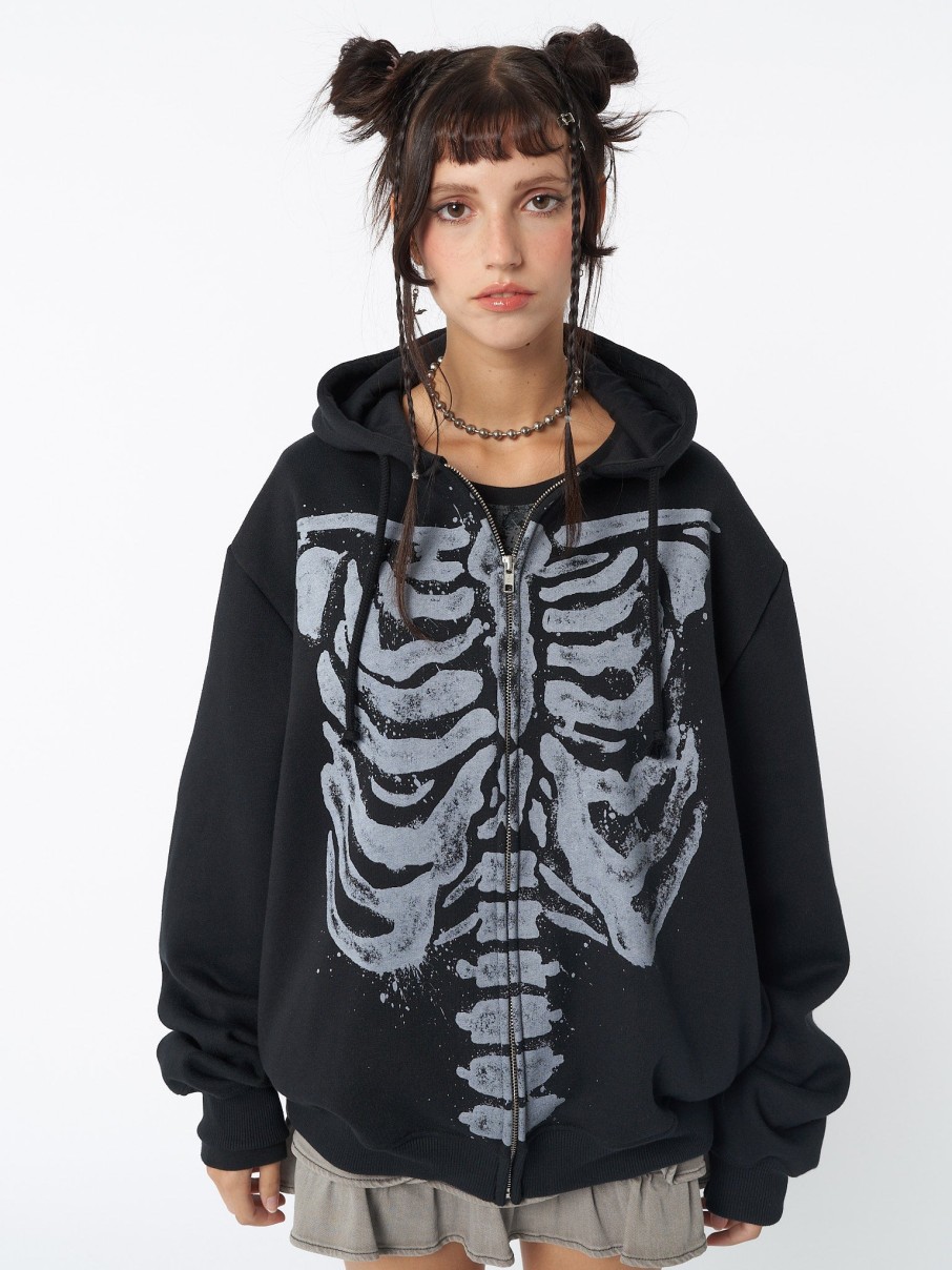 Minga London Skeleton Black Zip Up Hoodie | Jackets & Cardigans