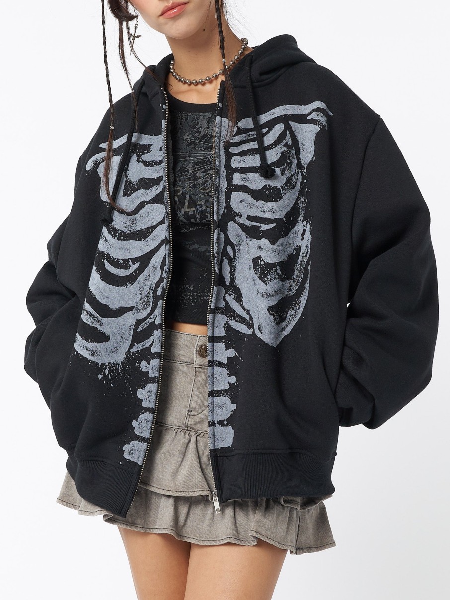 Minga London Skeleton Black Zip Up Hoodie | Jackets & Cardigans