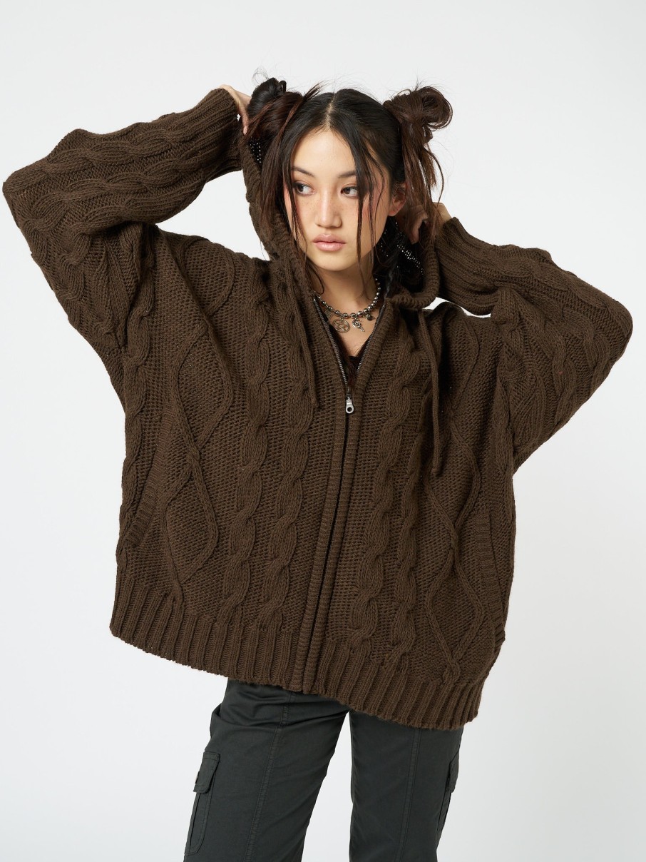 Minga London Eli Brown Zip Up Cable Knit Cardigan | Knitwear