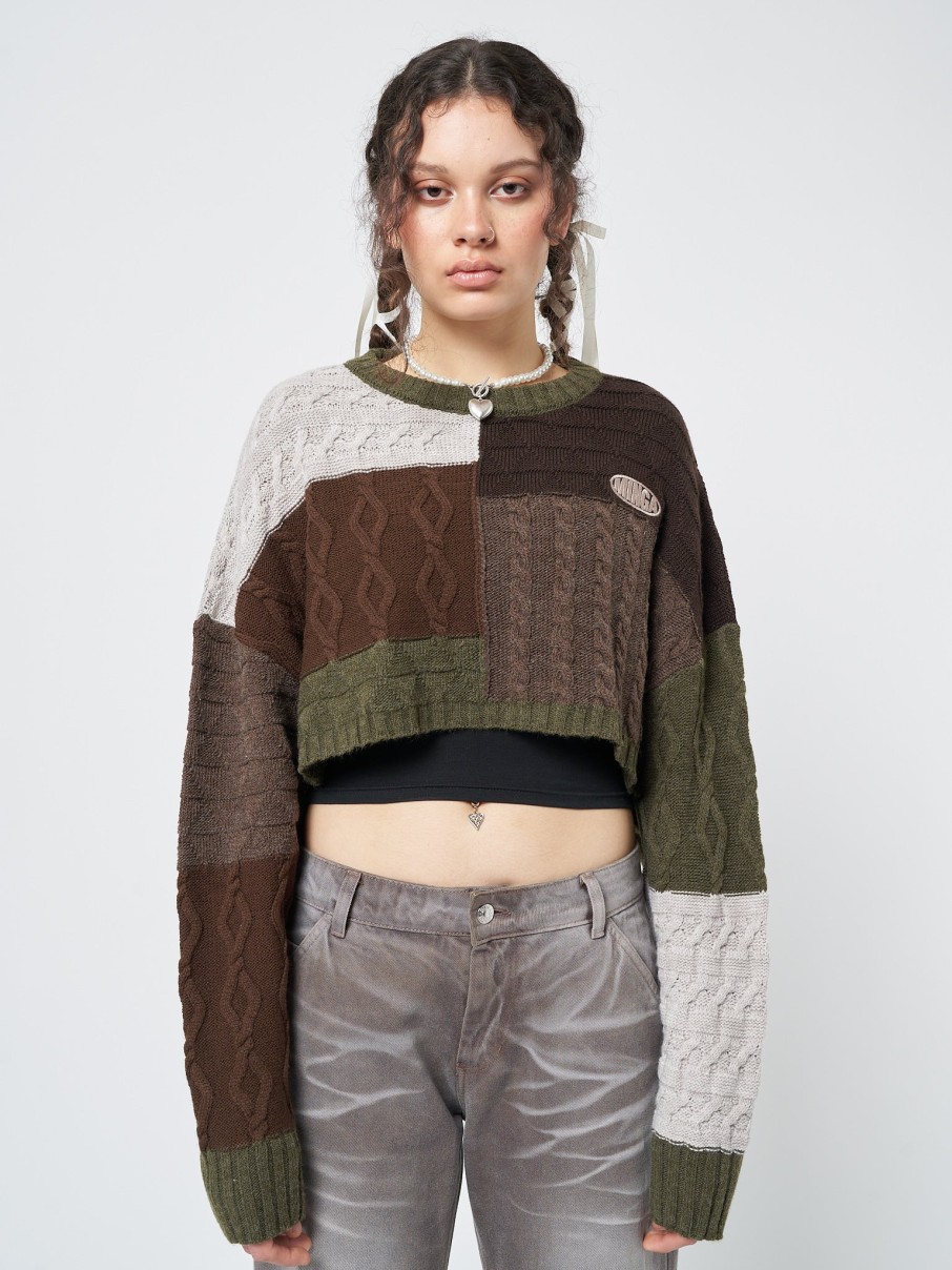 Minga London Gigi Patchwork Cable Knit Crop Jumper | Knitwear