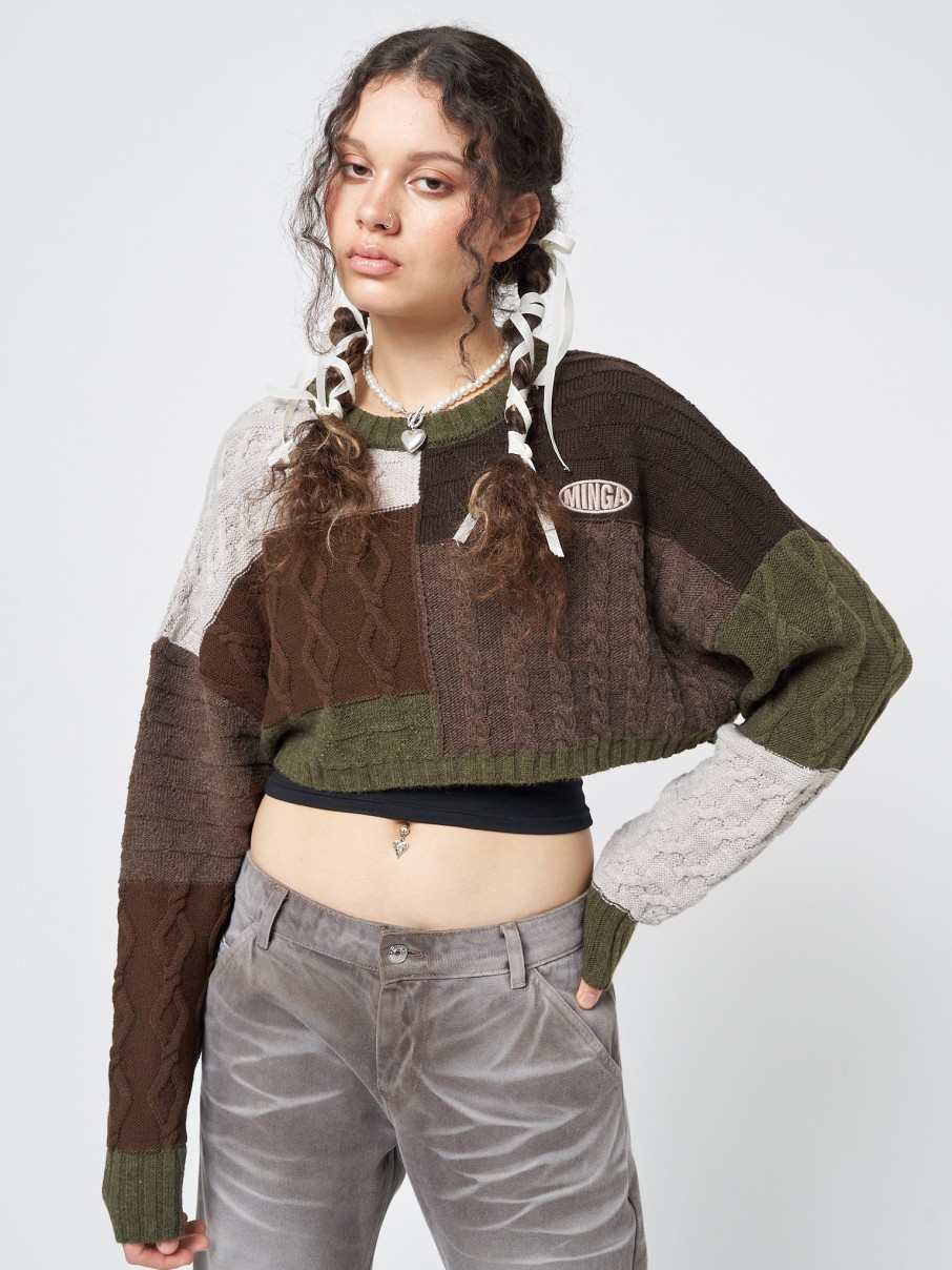 Minga London Gigi Patchwork Cable Knit Crop Jumper | Knitwear