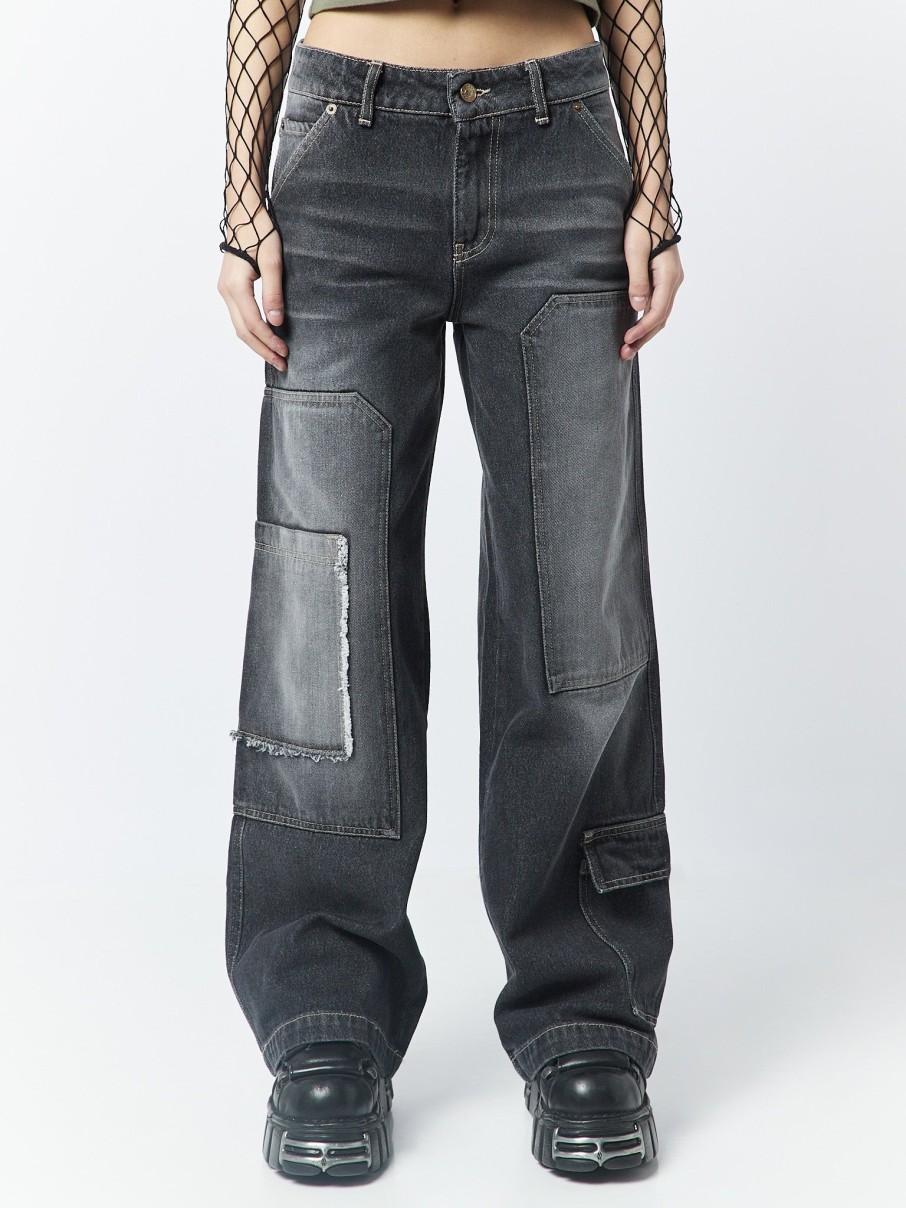 Minga London Track Black Multi Pocket Overdye Cargo Jeans | Bottoms