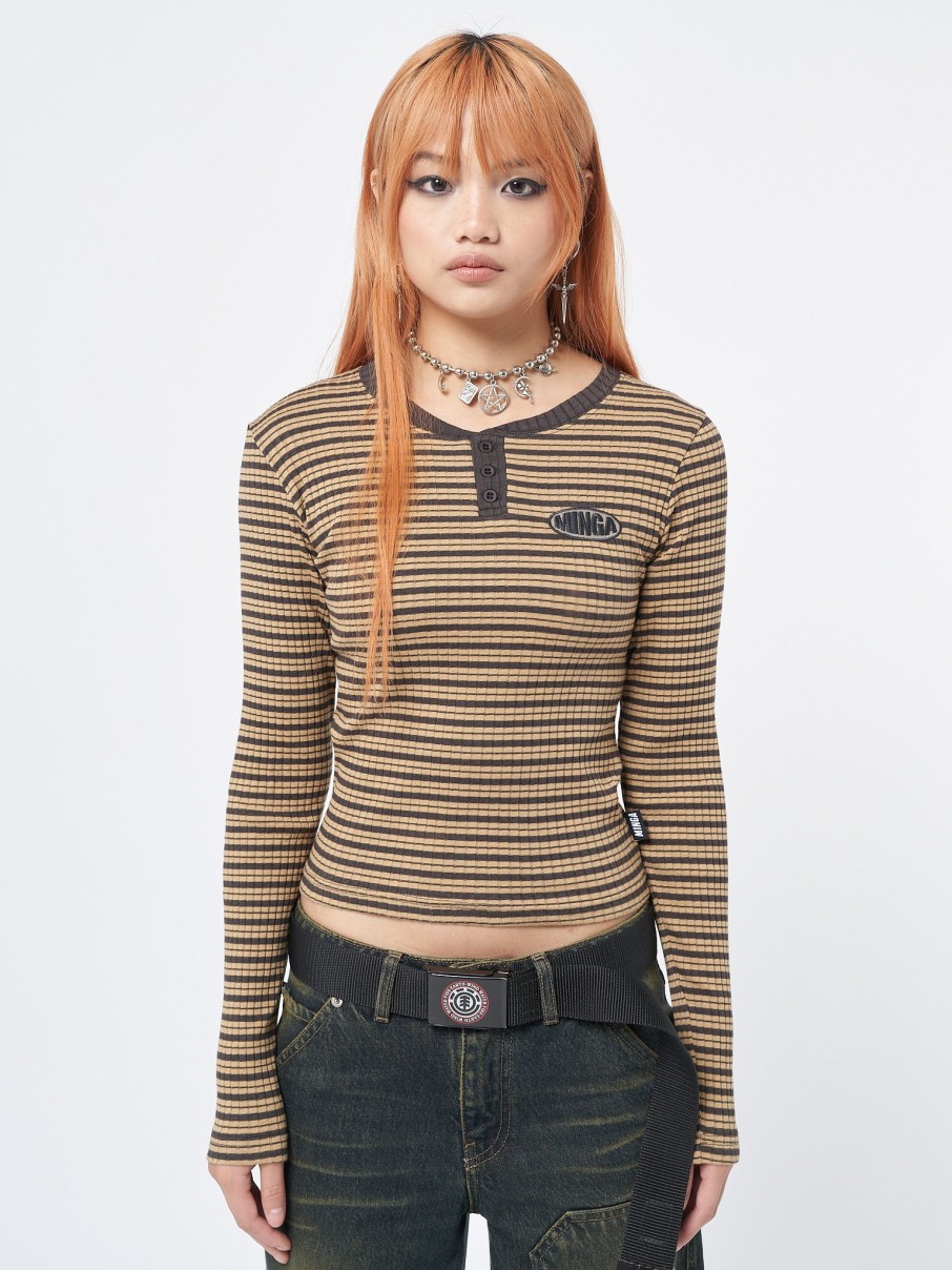 Minga London Brownie Half Button Striped Rib Top | Tops & T-Shirts