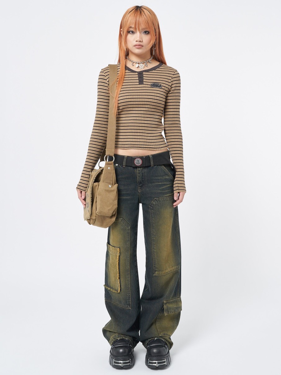 Minga London Brownie Half Button Striped Rib Top | Tops & T-Shirts