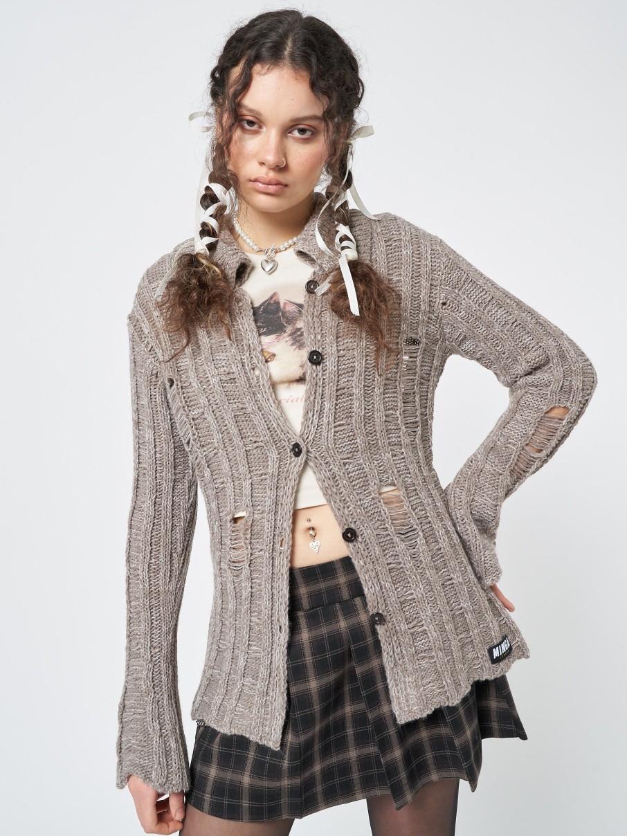 Minga London Gem Sand Distressed Knit Cardigan | Jackets & Cardigans