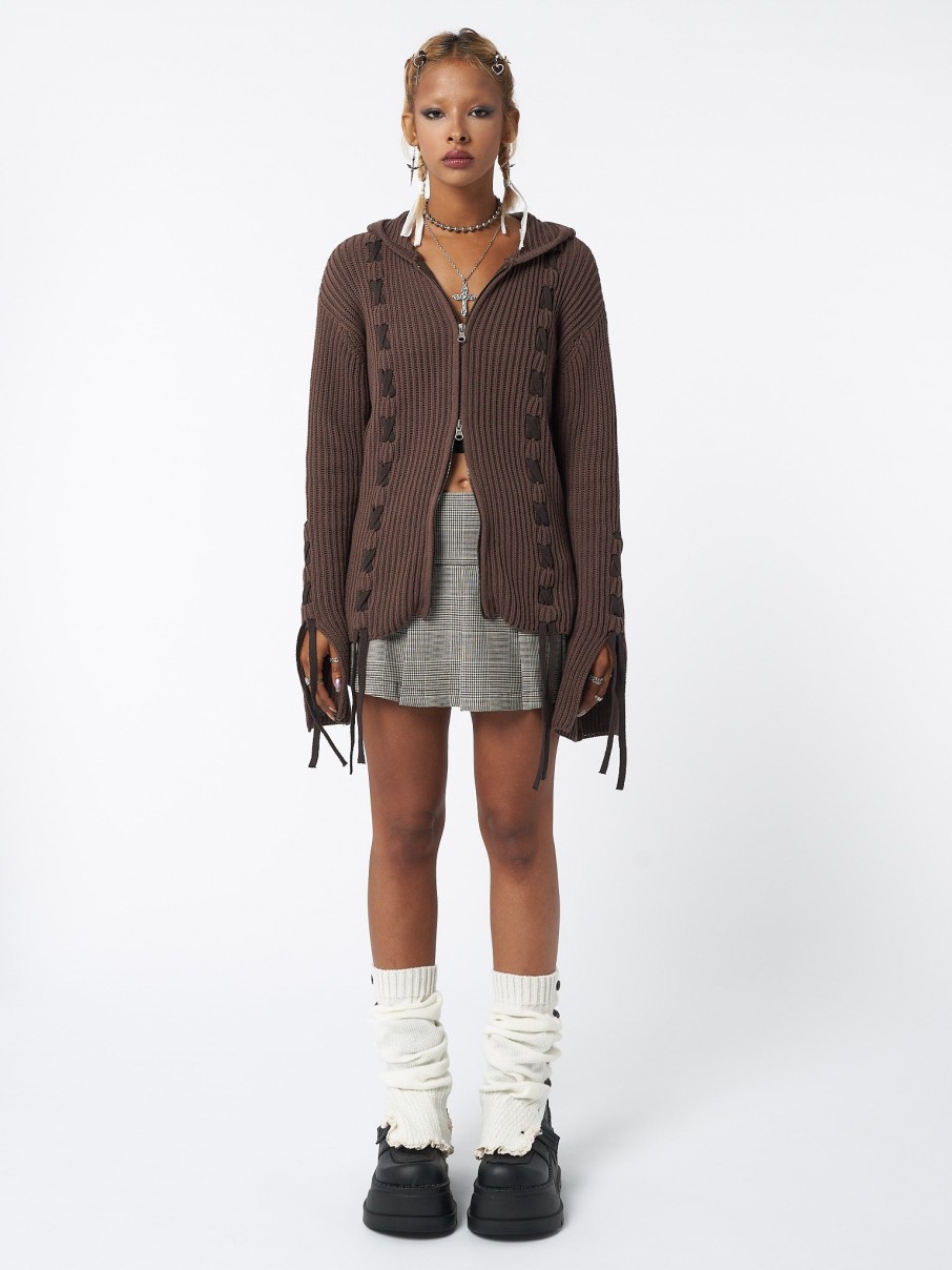 Minga London Nixie Brown Lace Up Cardigan | Knitwear