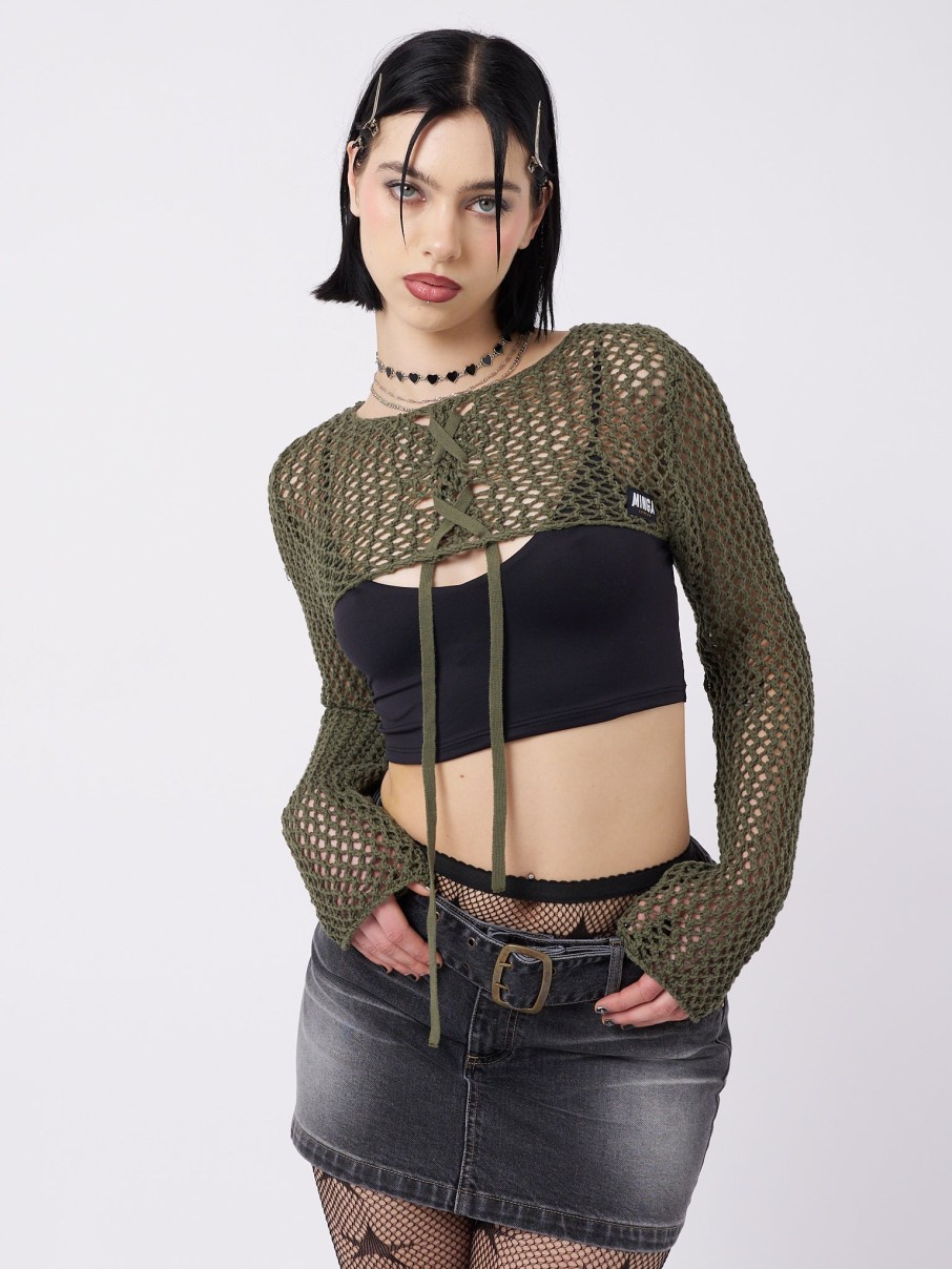 Minga London Ramona Green Lace Up Knitted Shrug | Knitwear