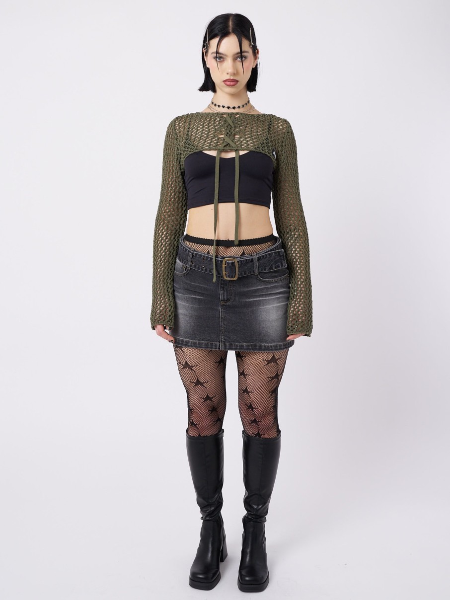 Minga London Ramona Green Lace Up Knitted Shrug | Knitwear