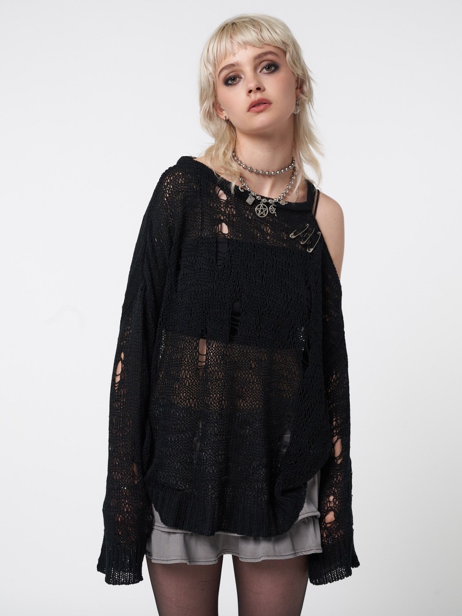 Minga London Avril Distressed Cut Out Net Knit Jumper | Sweaters & Hoodies