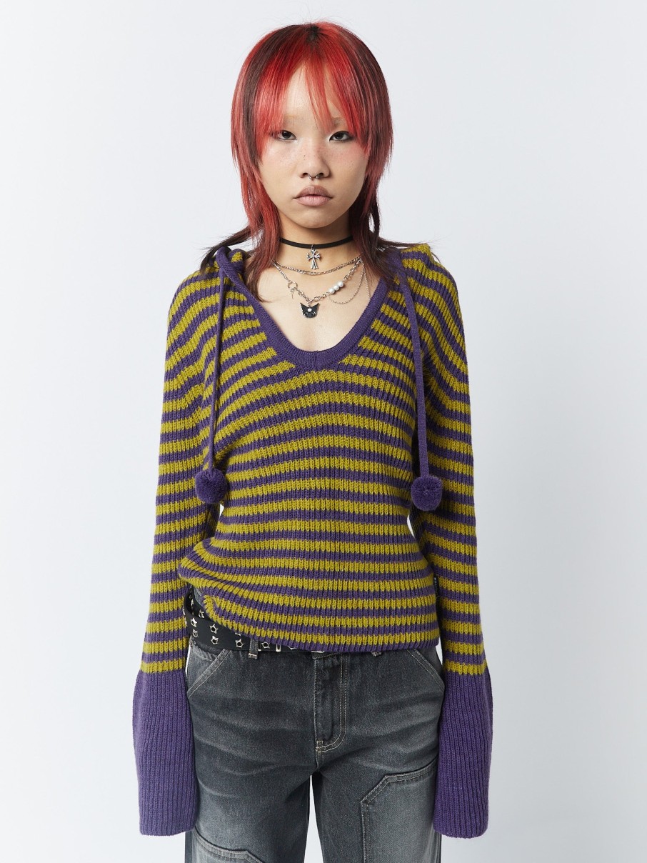 Minga London Paige Yellow & Purple Knitted Hoodie | Sweaters & Hoodies