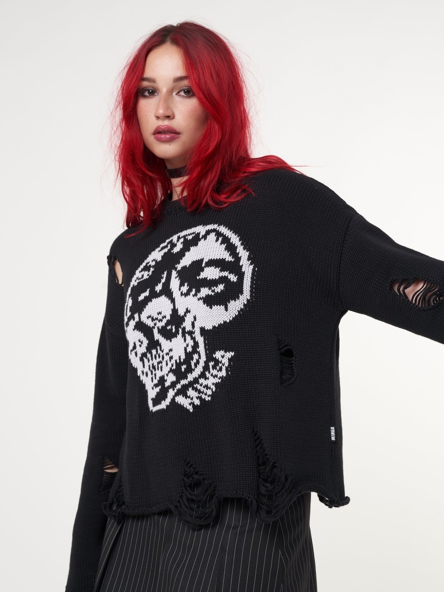 Minga London Skull Kid Black Distressed Jumper | Sweaters & Hoodies