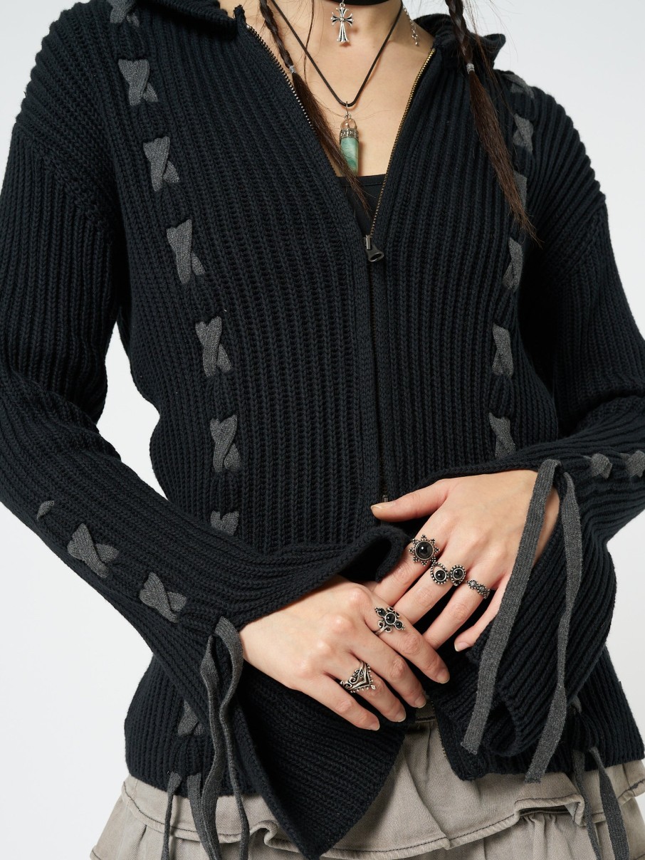 Minga London Nixie Black Lace Up Cardigan | Knitwear