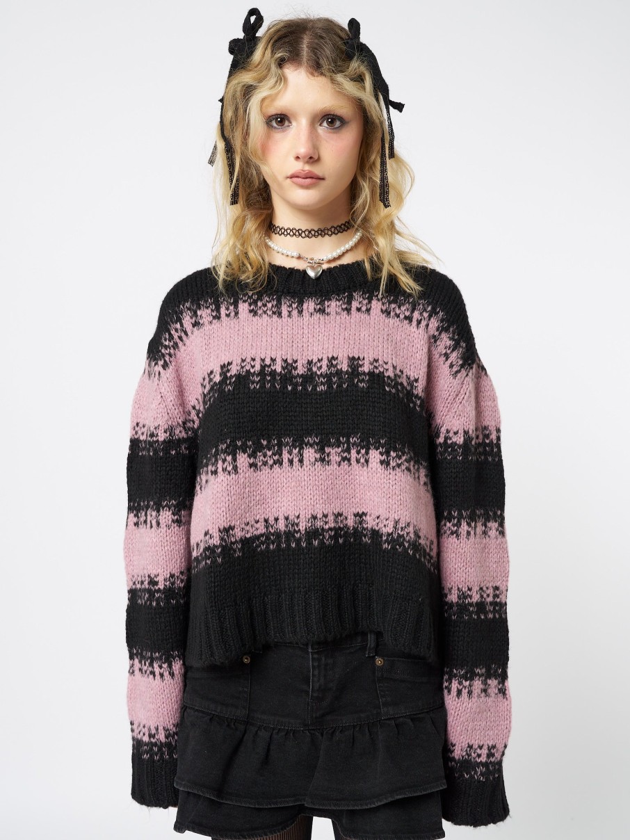 Minga London Clara Pink Cropped Striped Knit Sweater | Knitwear