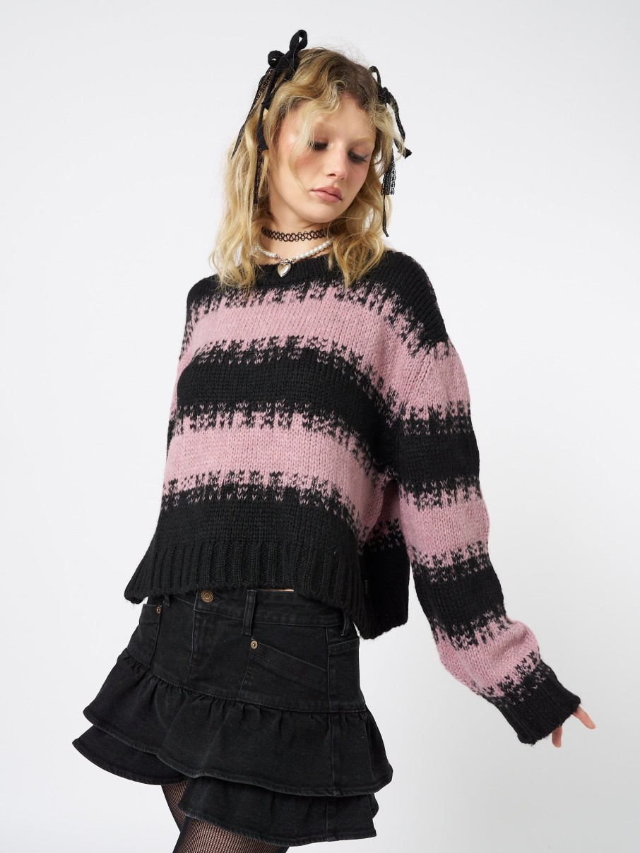 Minga London Clara Pink Cropped Striped Knit Sweater | Knitwear