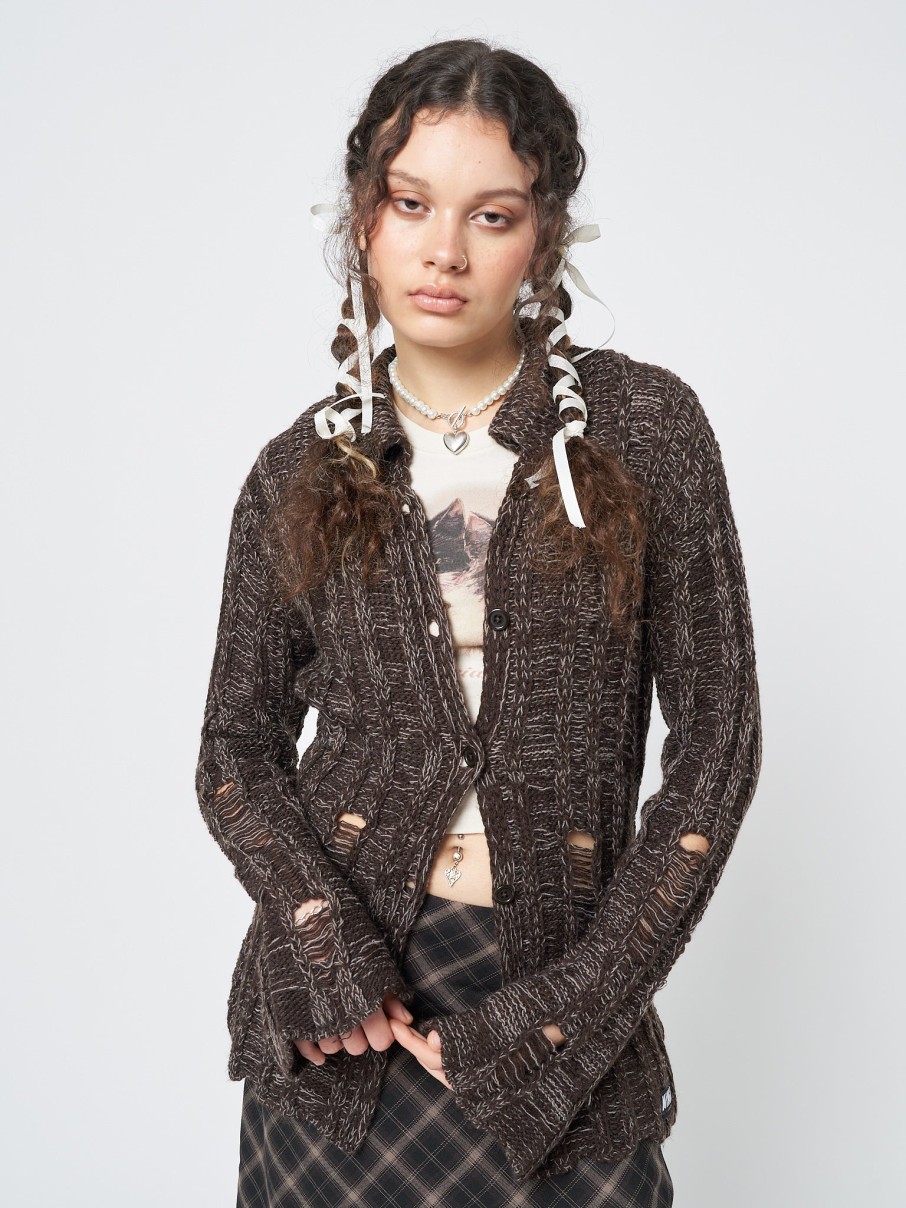 Minga London Gem Brown Distressed Knit Cardigan | Jackets & Cardigans