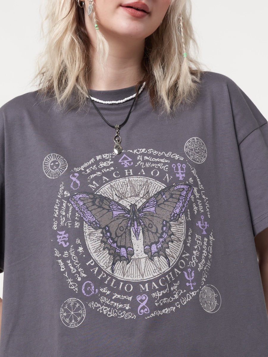 Minga London Ancient Butterfly Charcoal Grey T-Shirt | Tops & T-Shirts