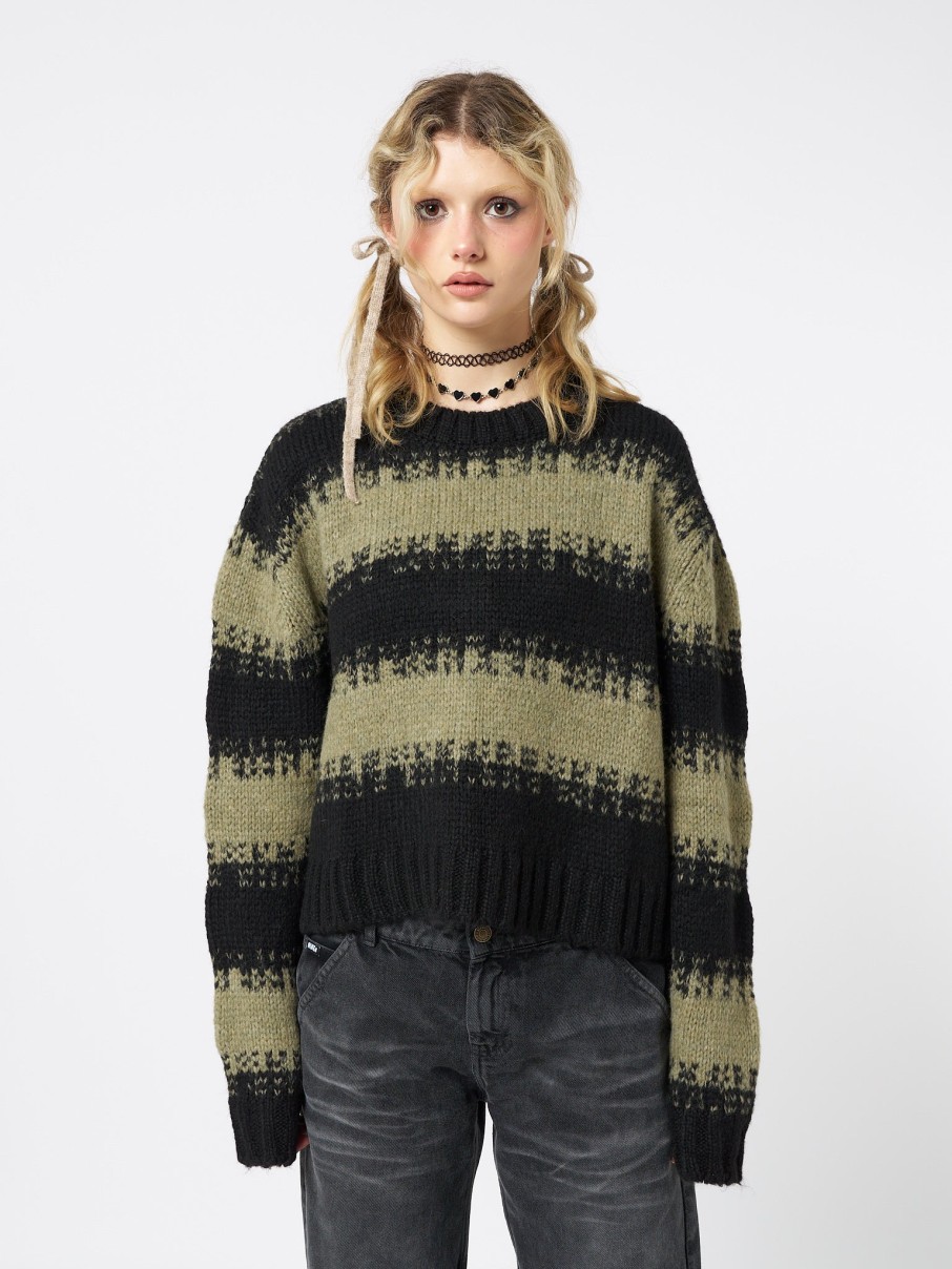 Minga London Clara Green Cropped Striped Knit Sweater | Knitwear