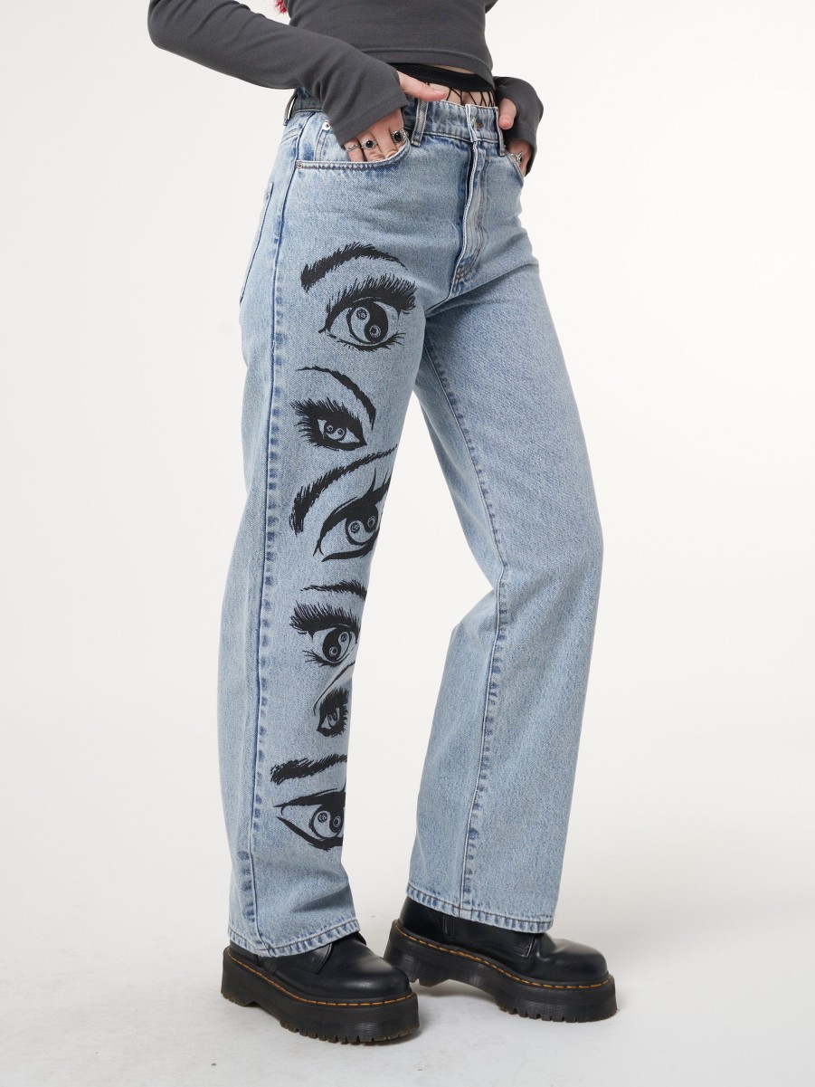 Minga London Yin Yang Eyes Printed Loose Fit Straight Leg Jeans | Bottoms