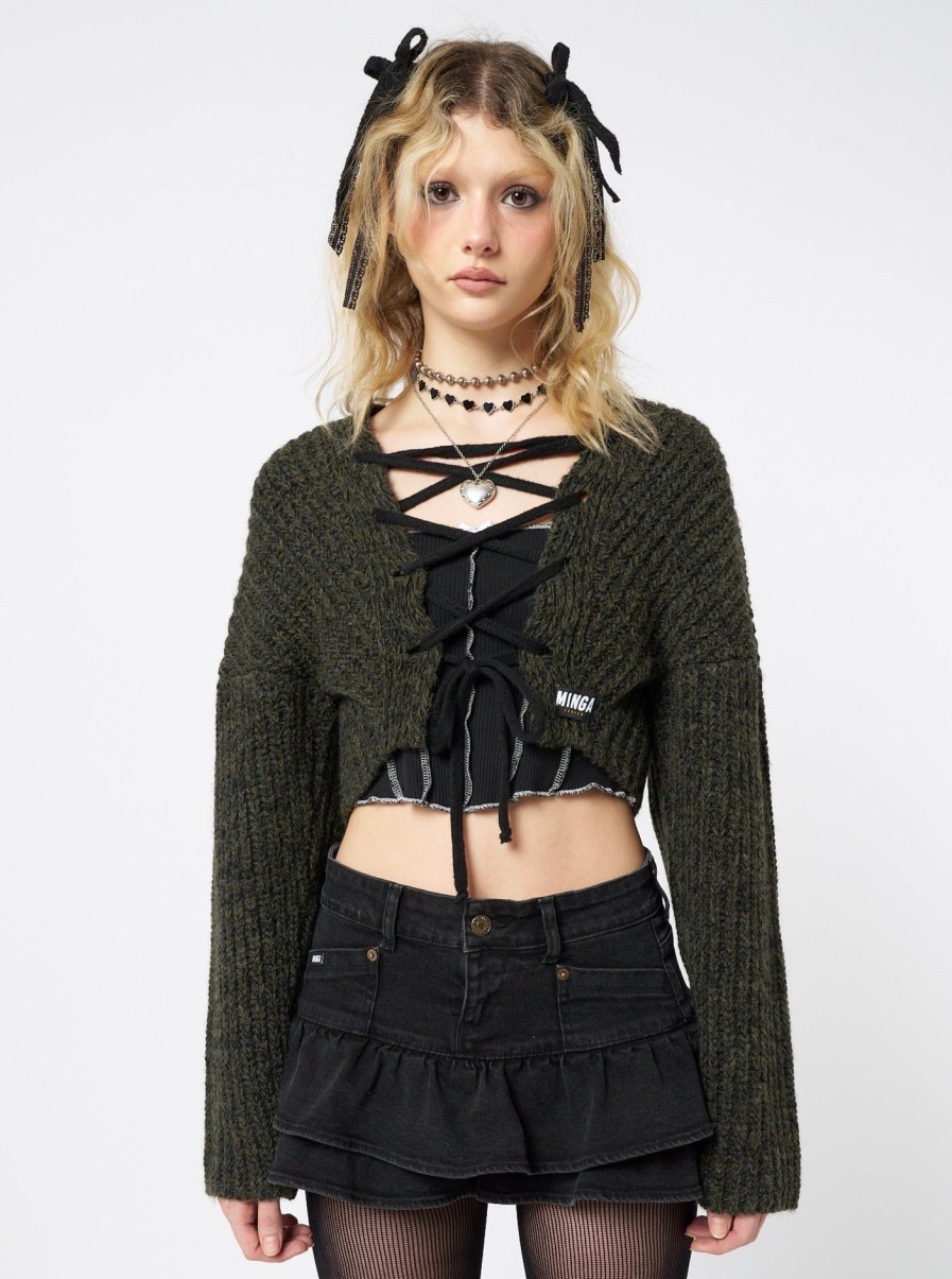 Minga London Arabella Green Knitted Lace Up Cardigan | Knitwear