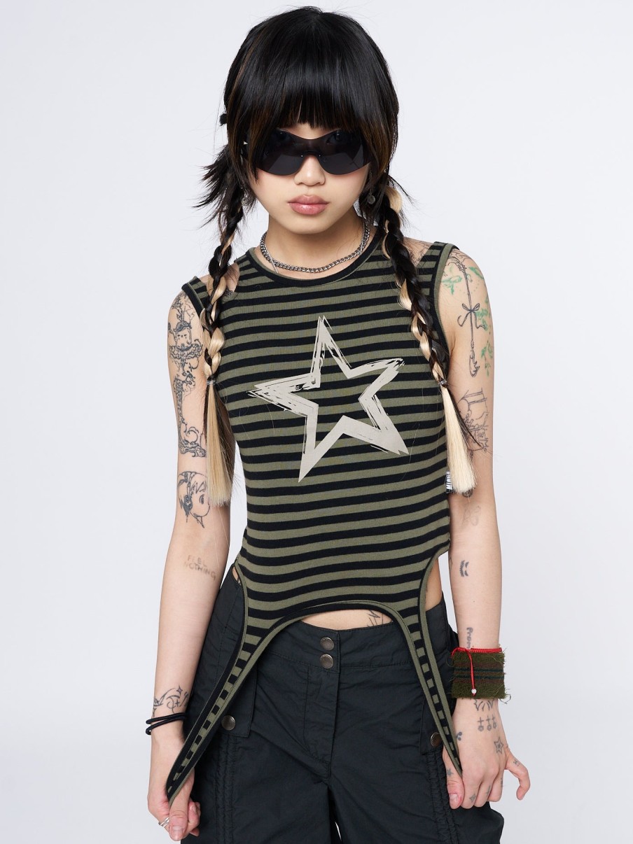 Minga London Star Sketch Green Striped Straps Top | Tops & T-Shirts