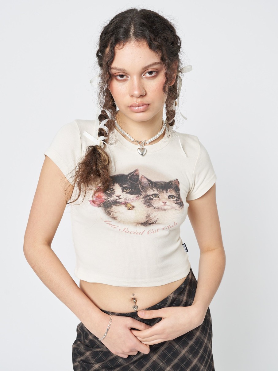 Minga London Anti Social Cat Club Ecru Baby Tee | Tops & T-Shirts