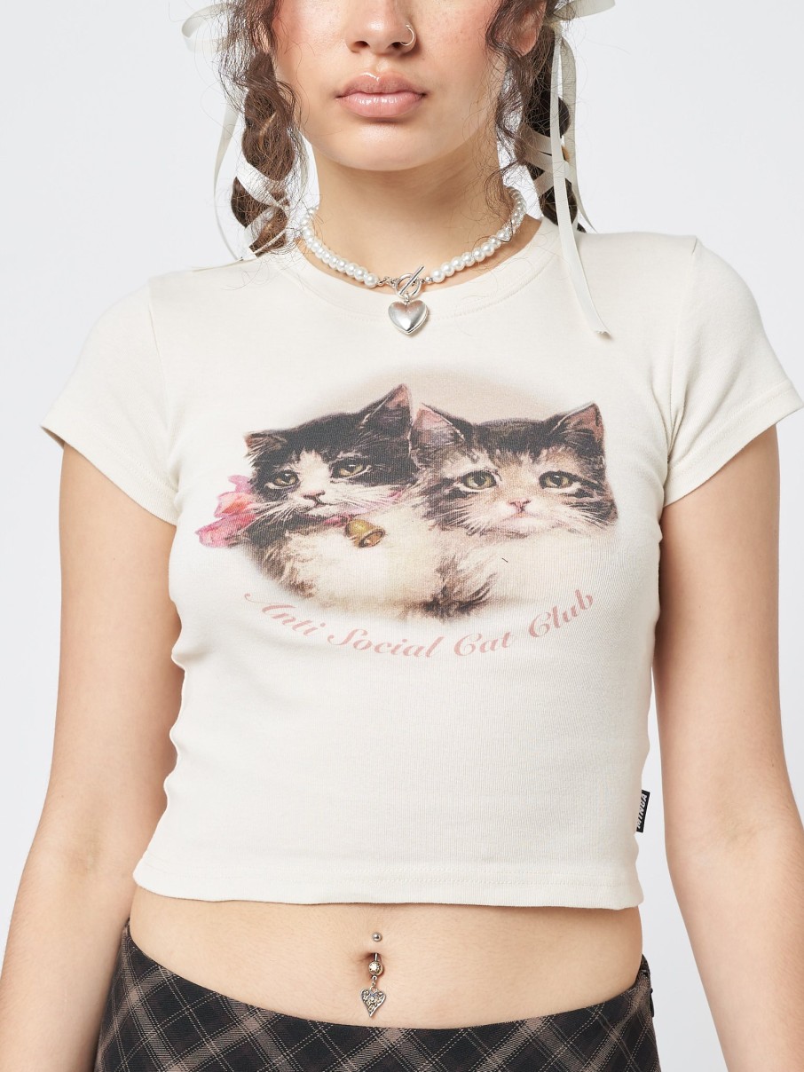 Minga London Anti Social Cat Club Ecru Baby Tee | Tops & T-Shirts