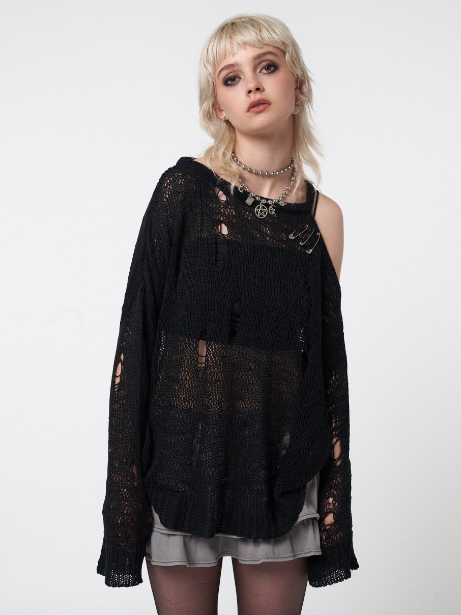 Minga London Avril Distressed Cut Out Net Knit Jumper | Knitwear