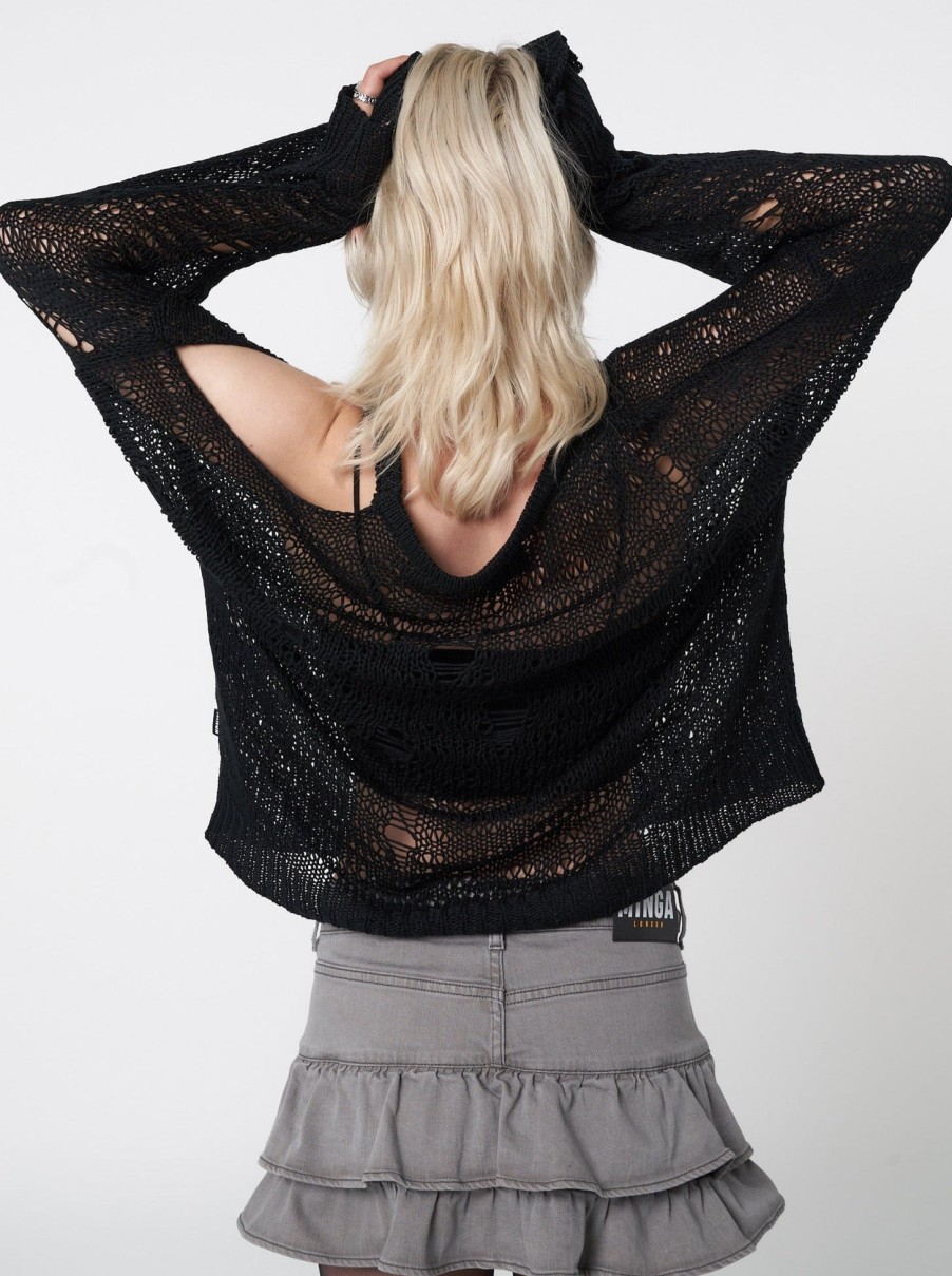 Minga London Avril Distressed Cut Out Net Knit Jumper | Knitwear