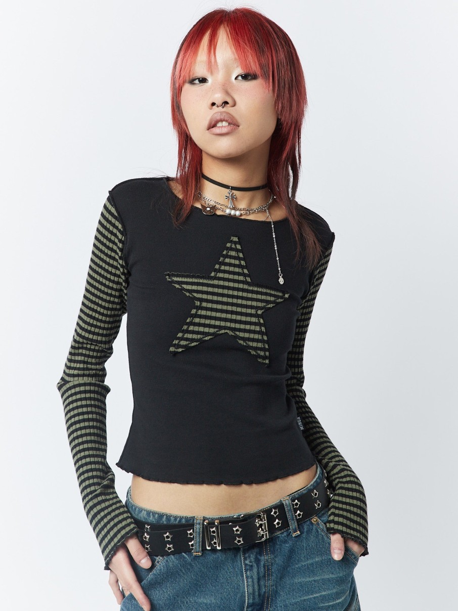 Minga London Lost Star Green Black Striped Long Sleeve Top | Tops & T-Shirts