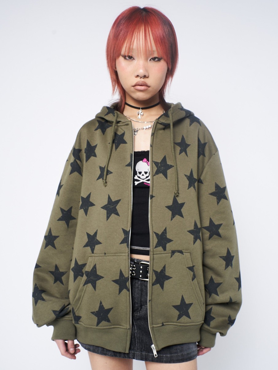 Minga London Star Print Green Zip Up Hoodie | Sweaters & Hoodies