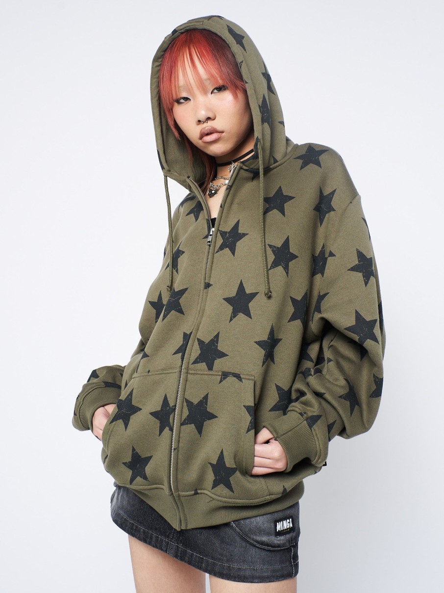 Minga London Star Print Green Zip Up Hoodie | Sweaters & Hoodies