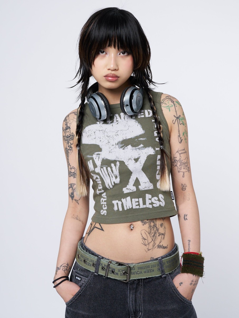 Minga London Acid Vision Khaki Graphic Vest Top | Tops & T-Shirts