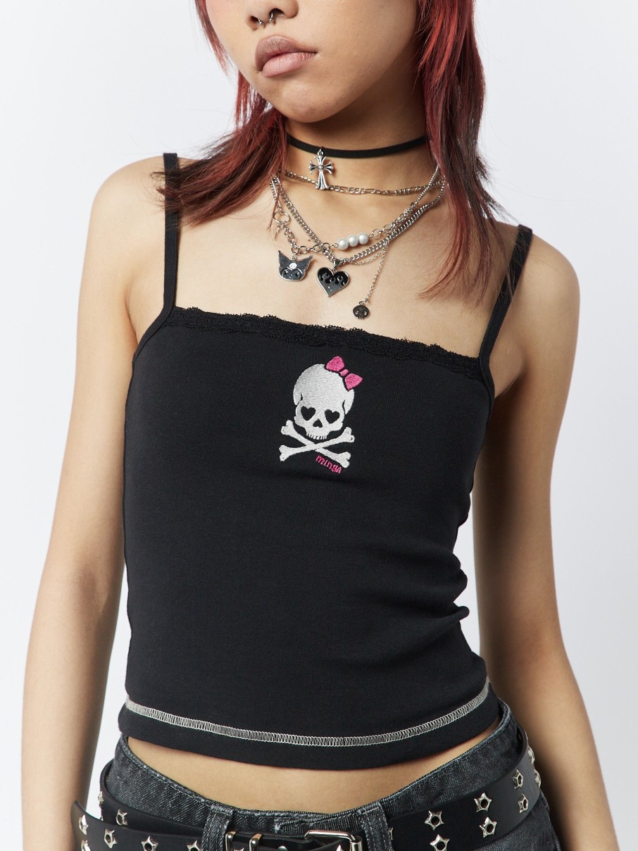 Minga London Skull Girl Black Lace Trim Cami Top | Tops & T-Shirts