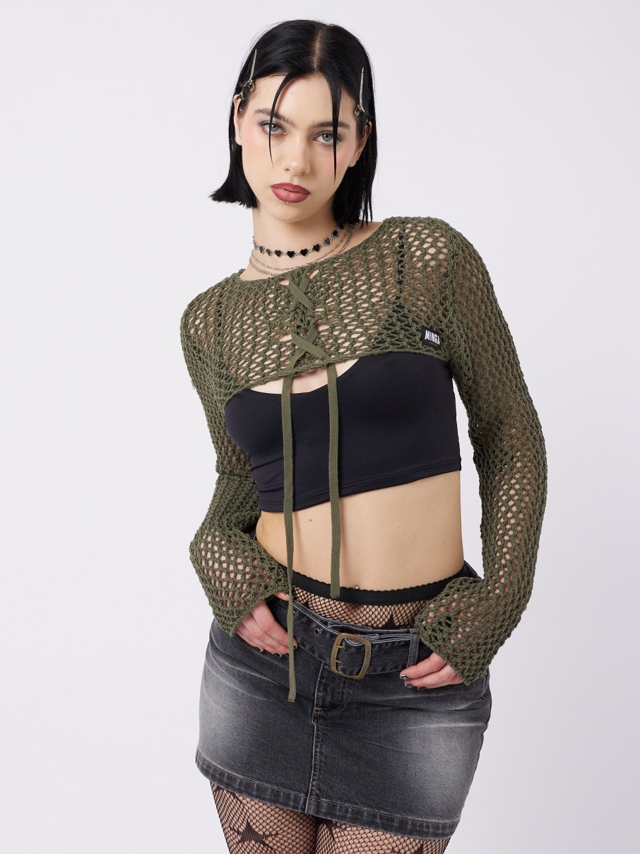 Minga London Ramona Green Lace Up Knitted Shrug | Tops & T-Shirts