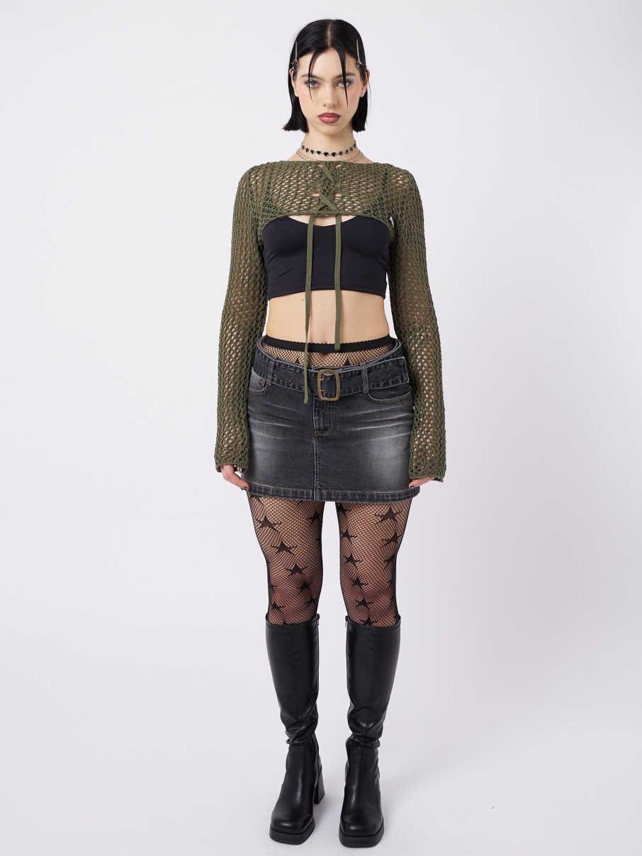 Minga London Ramona Green Lace Up Knitted Shrug | Tops & T-Shirts