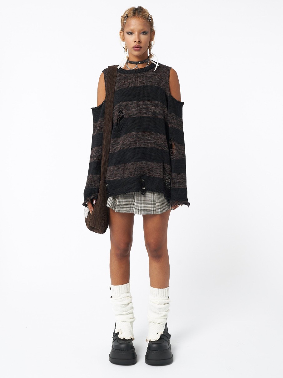 Minga London Curtis Brown Black Striped Knit Jumper | Sweaters & Hoodies