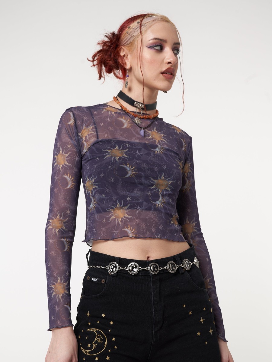 Minga London Cosmos Purple Mesh Crop Top | Tops & T-Shirts