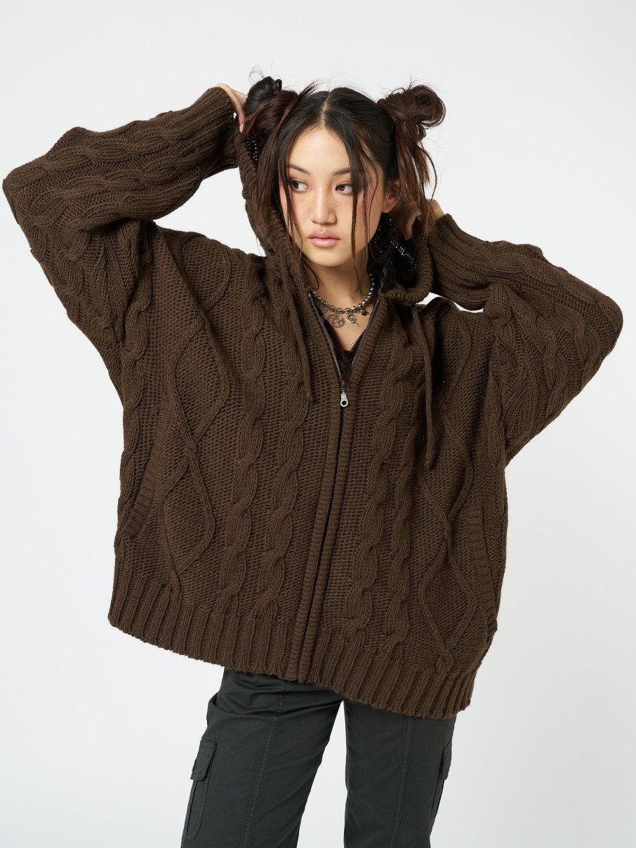 Minga London Eli Brown Zip Up Cable Knit Cardigan | Jackets & Cardigans