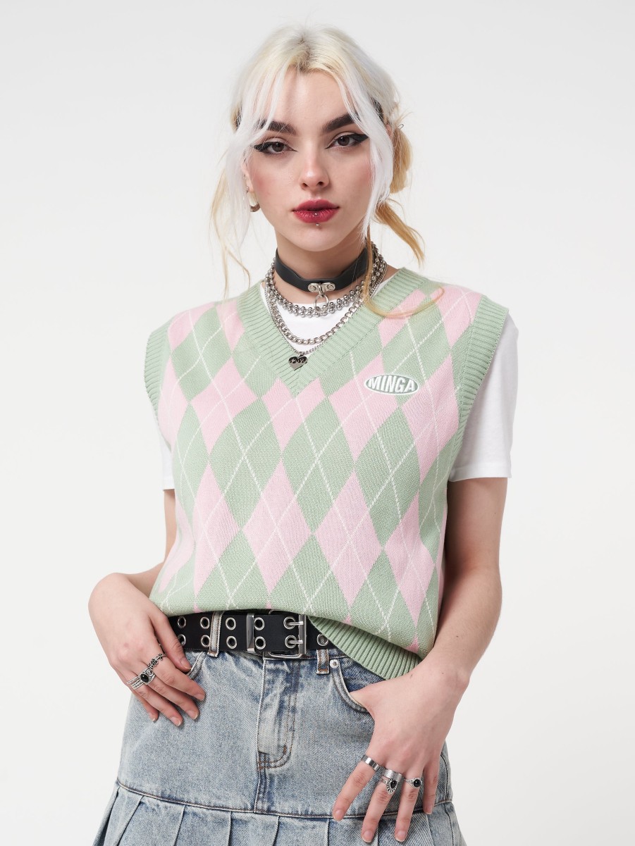 Minga London Milkshake Argyle Knitted Sweater Vest | Knitwear