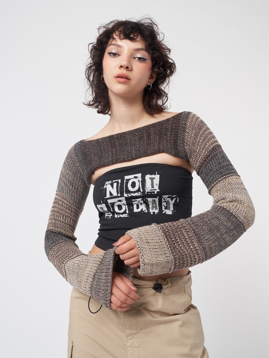 Minga London Fusion Brown Patchwork Knitted Shrug | Knitwear