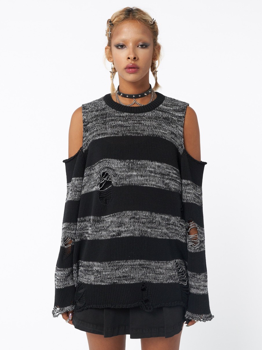 Minga London Curtis Black Grey Striped Knit Jumper | Knitwear