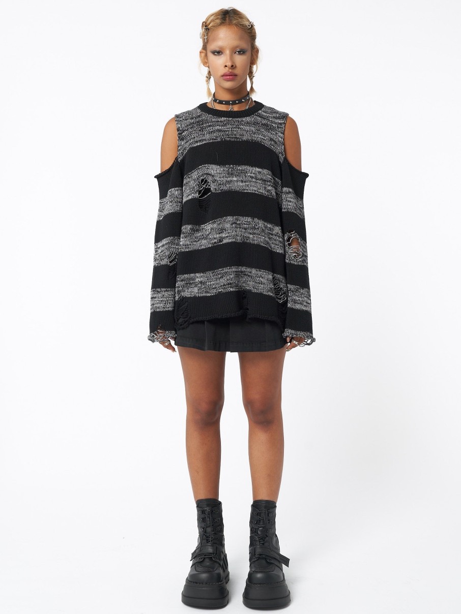 Minga London Curtis Black Grey Striped Knit Jumper | Knitwear