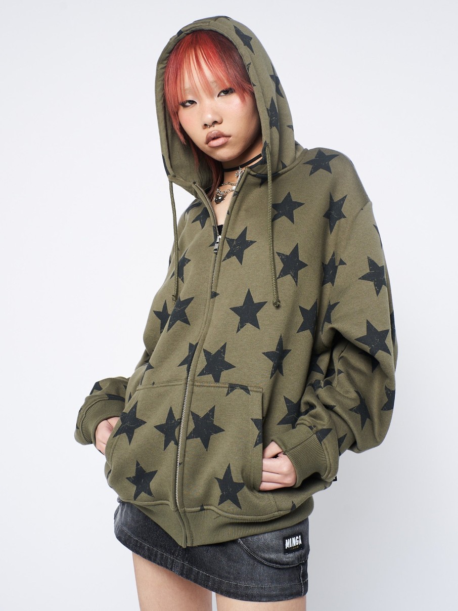 Minga London Star Print Green Zip Up Hoodie | Jackets & Cardigans