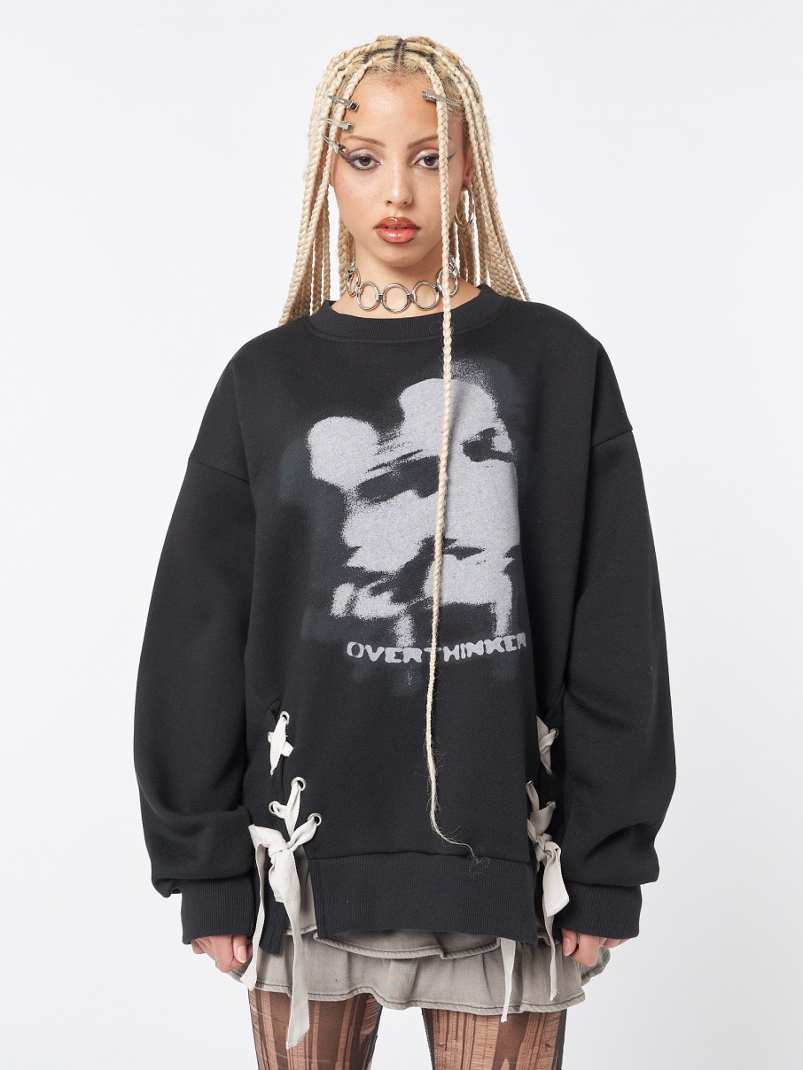 Minga London Overthinker Black Lace Up Sweatshirt | Sweaters & Hoodies