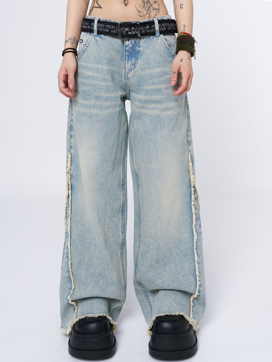 Minga London Zoe Washed Blue Distressed Wide Leg Jeans | Bottoms