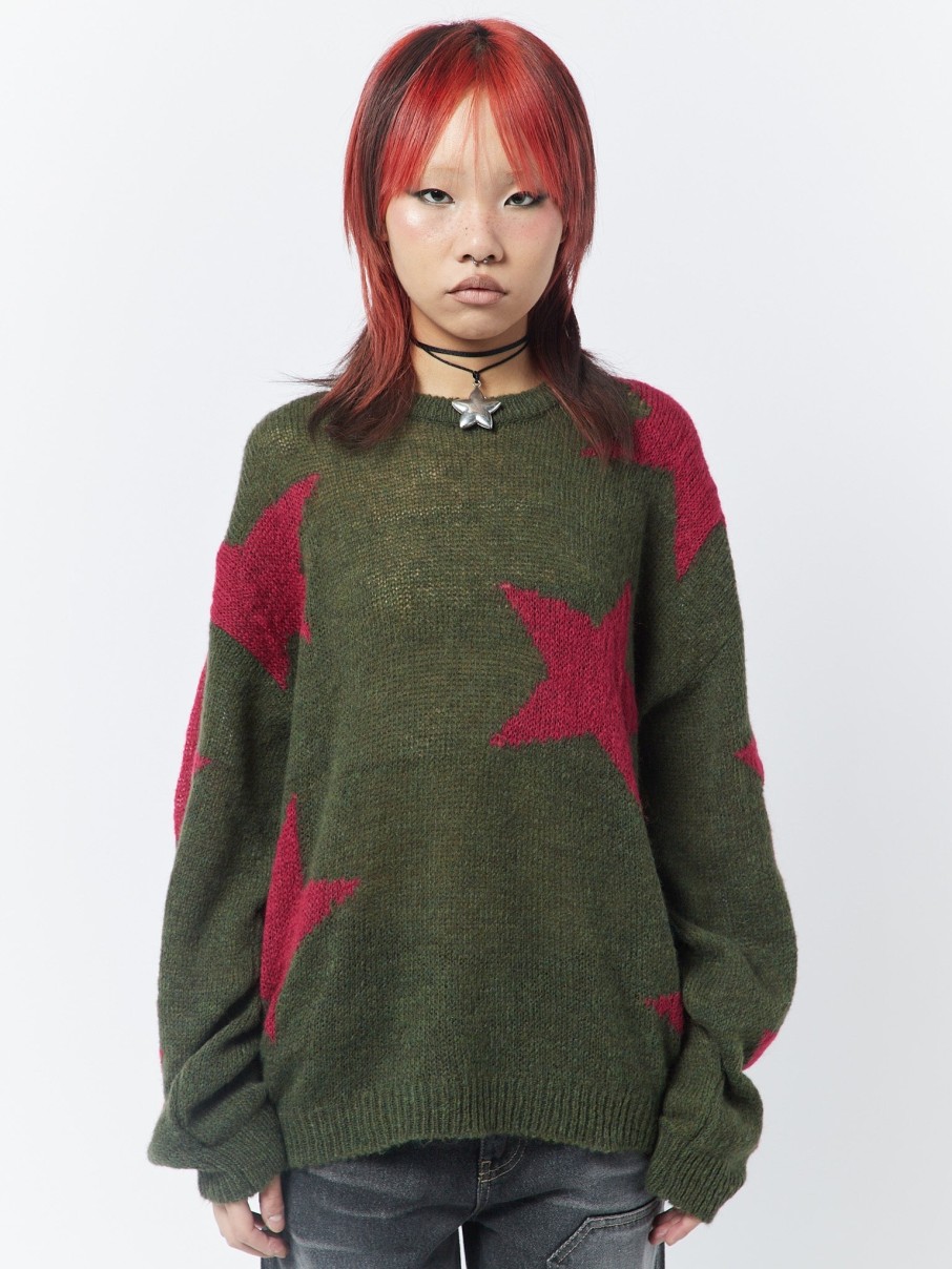 Minga London Interstellar Star Pink Khaki Knit Sweater | Sweaters & Hoodies