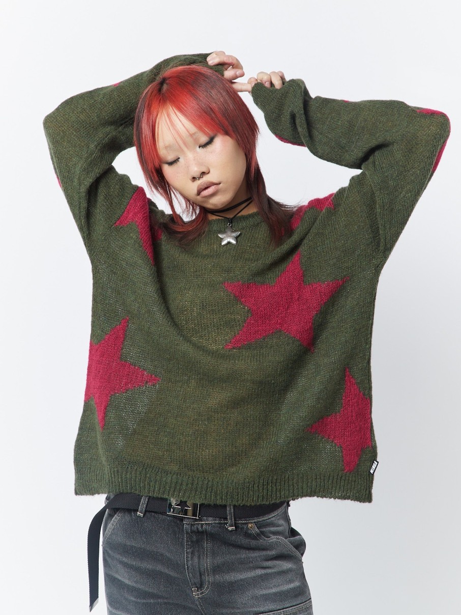 Minga London Interstellar Star Pink Khaki Knit Sweater | Sweaters & Hoodies