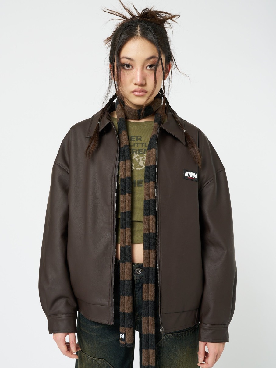 Minga London Nora Vegan Leather Bomber Jacket In Brown | Jackets & Cardigans