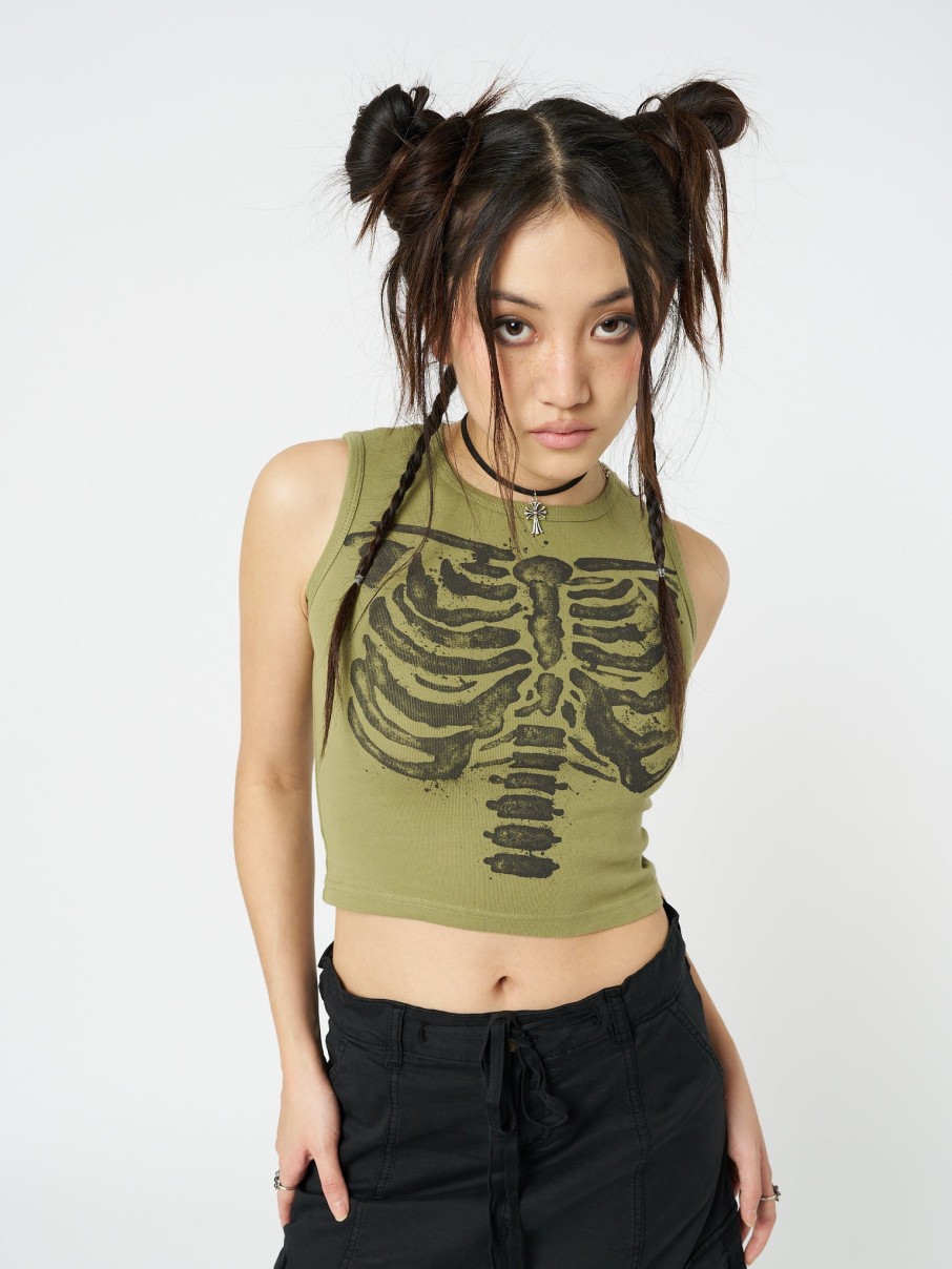 Minga London Skeleton Green Graphic Print Vest Top | Tops & T-Shirts